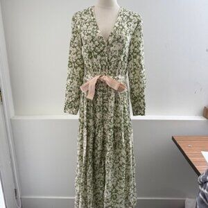 Jonathan Simkhai Green Floral Long Sleeve Dress with Tie Waist Women's 0